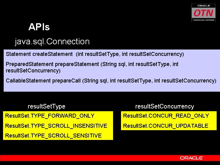 APIs java. sql. Connection Statement create. Statement (int result. Set. Type, int result. Set.