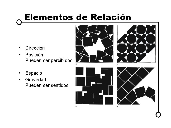 Elementos de Relación • Dirección • Posición Pueden ser percibidos • Espacio • Gravedad