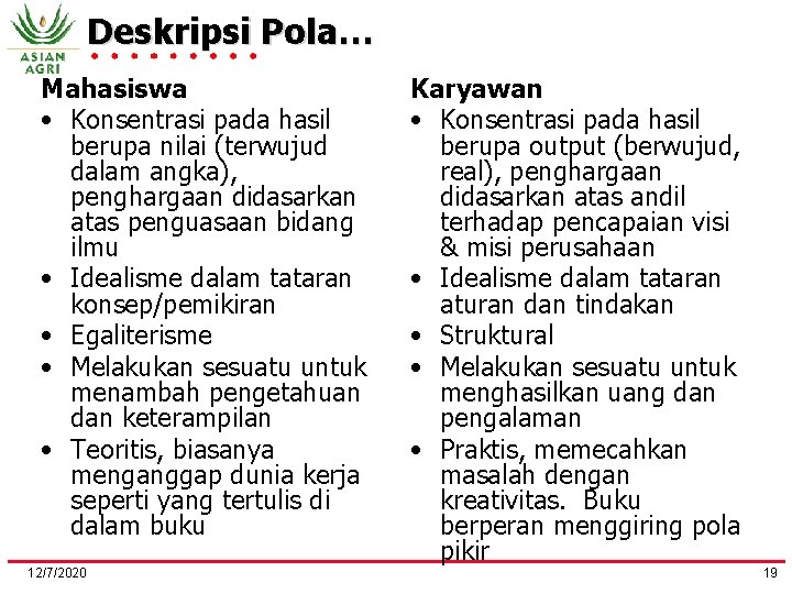 Deskripsi Pola… Mahasiswa • Konsentrasi pada hasil berupa nilai (terwujud dalam angka), penghargaan didasarkan