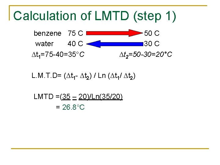 Calculation of LMTD (step 1) benzene 75 C water 40 C ∆t 1=75 -40=35°C