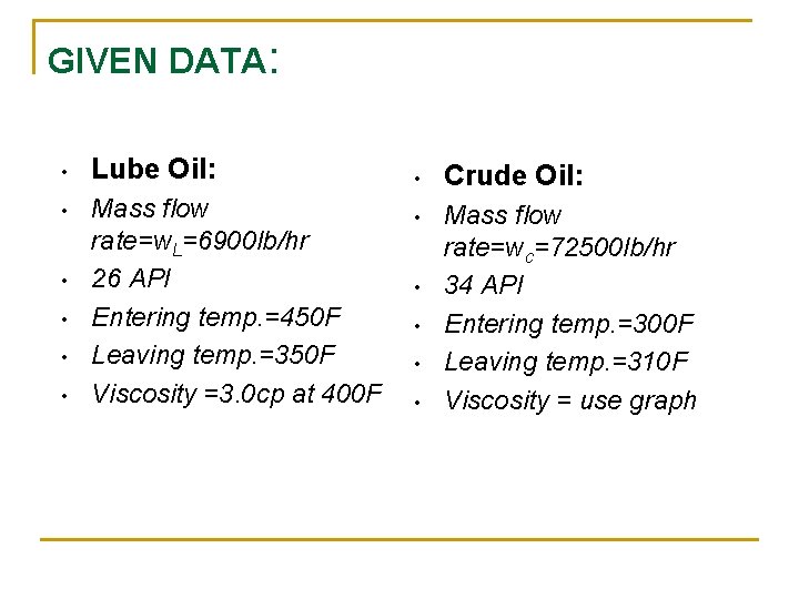 GIVEN DATA: • Lube Oil: • Mass flow rate=w. L=6900 lb/hr 26 API Entering