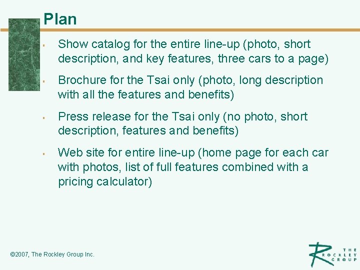 Plan § § Show catalog for the entire line-up (photo, short description, and key