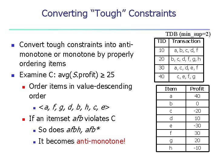 Converting “Tough” Constraints TDB (min_sup=2) n n Convert tough constraints into antimonotone or monotone