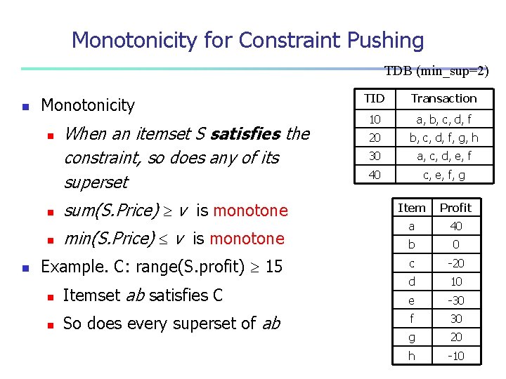 Monotonicity for Constraint Pushing TDB (min_sup=2) n Monotonicity n n When an itemset S