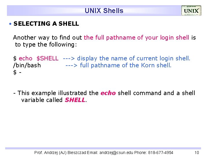 UNIX Shells SELECTING A SHELL Another way to find out the full pathname of