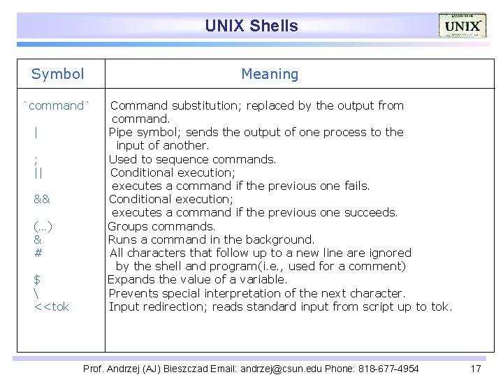 UNIX Shells Symbol `command` | ; || && (…) & # $  <<tok