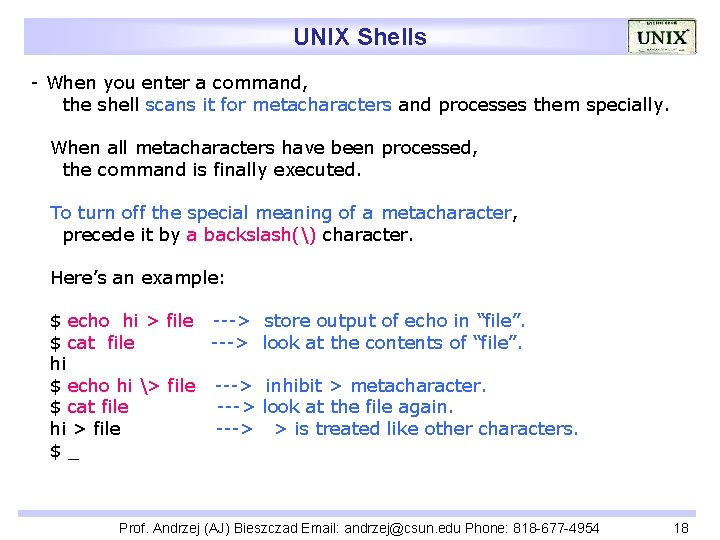 UNIX Shells - When you enter a command, the shell scans it for metacharacters