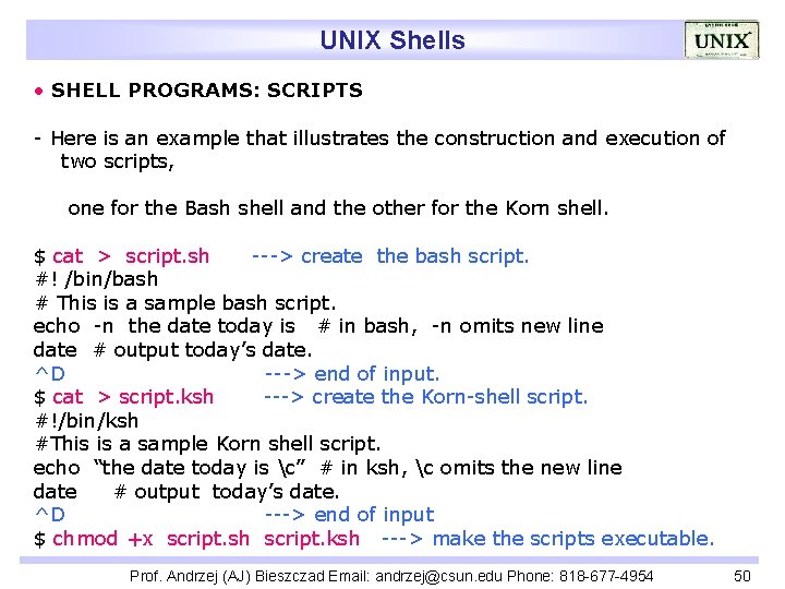UNIX Shells • SHELL PROGRAMS: SCRIPTS - Here is an example that illustrates the