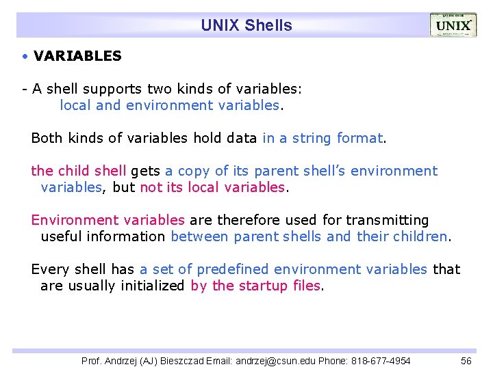 UNIX Shells • VARIABLES - A shell supports two kinds of variables: local and