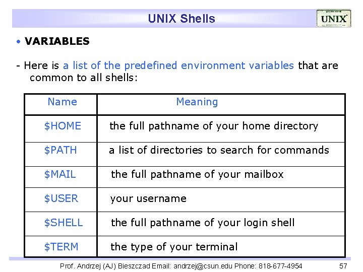 UNIX Shells • VARIABLES - Here is a list of the predefined environment variables