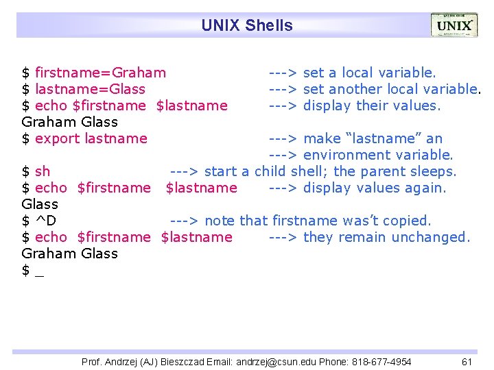 UNIX Shells $ firstname=Graham $ lastname=Glass $ echo $firstname $lastname Graham Glass $ export