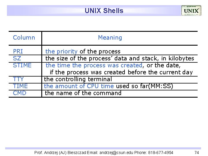 UNIX Shells Column PRI SZ STIME TTY TIME CMD Meaning the priority of the