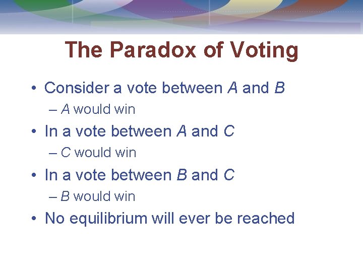 The Paradox of Voting • Consider a vote between A and B – A