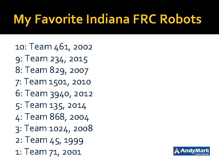 My Favorite Indiana FRC Robots 10: Team 461, 2002 9: Team 234, 2015 8: My Favorite Indiana FRC Robots 10: Team 461, 2002 9: Team 234, 2015 8: