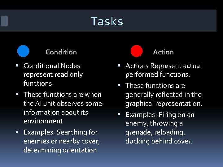 Tasks Conditional Nodes represent read only functions. These functions are when the AI unit