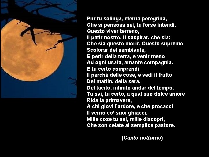 Pur tu solinga, eterna peregrina, Che sì pensosa sei, tu forse intendi, Questo viver