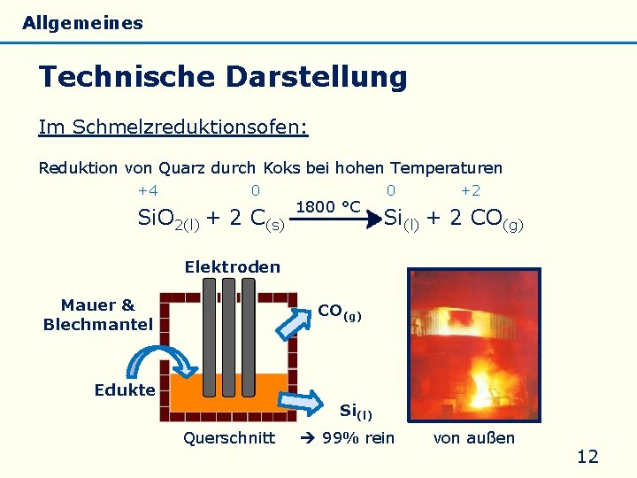 Allgemeines Eigenschaften Silicate Silicone Glas Technische Darstellung Im Schmelzreduktionsofen: Reduktion von Quarz durch Koks