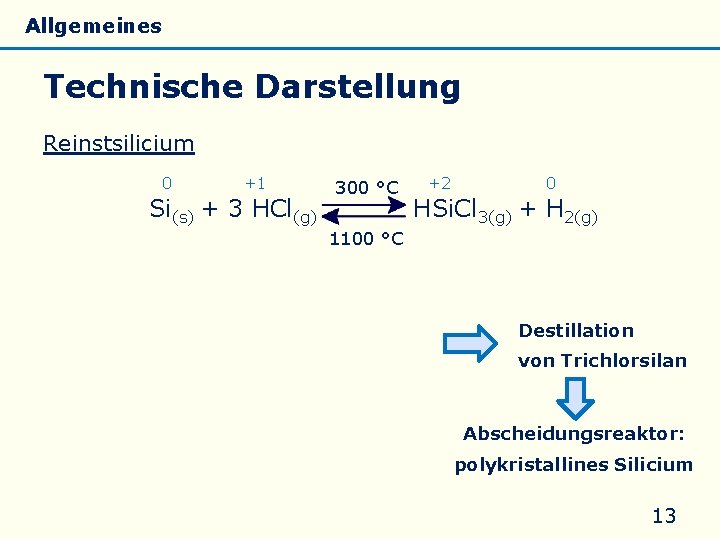 Allgemeines Eigenschaften Silicate Silicone Glas Technische Darstellung Reinstsilicium 0 +1 Si(s) + 3 HCl(g)