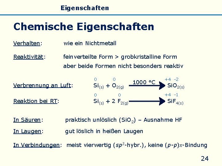 Allgemeines Eigenschaften Silicate Silicone Glas Chemische Eigenschaften Verhalten: wie ein Nichtmetall Reaktivität: feinverteilte Form