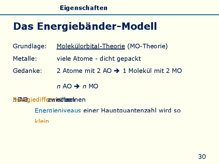 Allgemeines Eigenschaften Silicate Silicone Glas Das Energiebänder-Modell Grundlage: Molekülorbital-Theorie (MO-Theorie) Metalle: viele Atome -