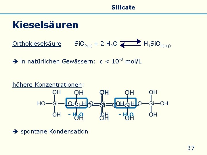 Allgemeines Eigenschaften Silicate Silicone Glas Kieselsäuren Orthokieselsäure Si. O 2(s) + 2 H 2