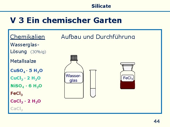 Allgemeines Eigenschaften Silicate Silicone Glas V 3 Ein chemischer Garten Chemikalien Aufbau und Durchführung