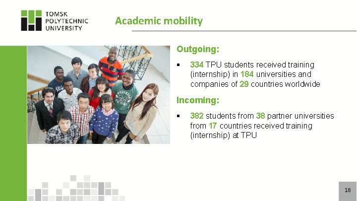 Academic mobility Outgoing: § 334 TPU students received training (internship) in 184 universities and