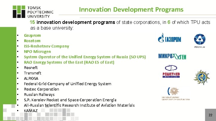 Innovation Development Programs 15 innovation development programs of state corporations, in 6 of which