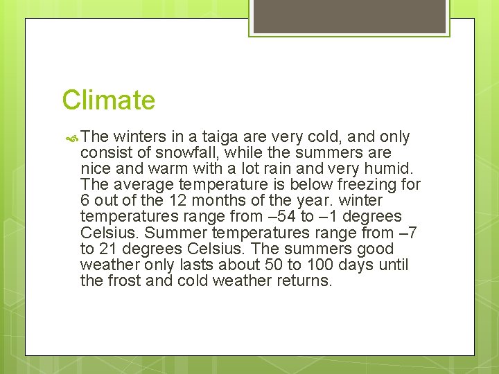 Climate The winters in a taiga are very cold, and only consist of snowfall,