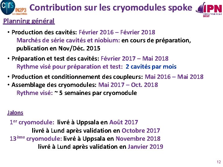 Contribution sur les cryomodules spoke Planning général • Production des cavités: Février 2016 –