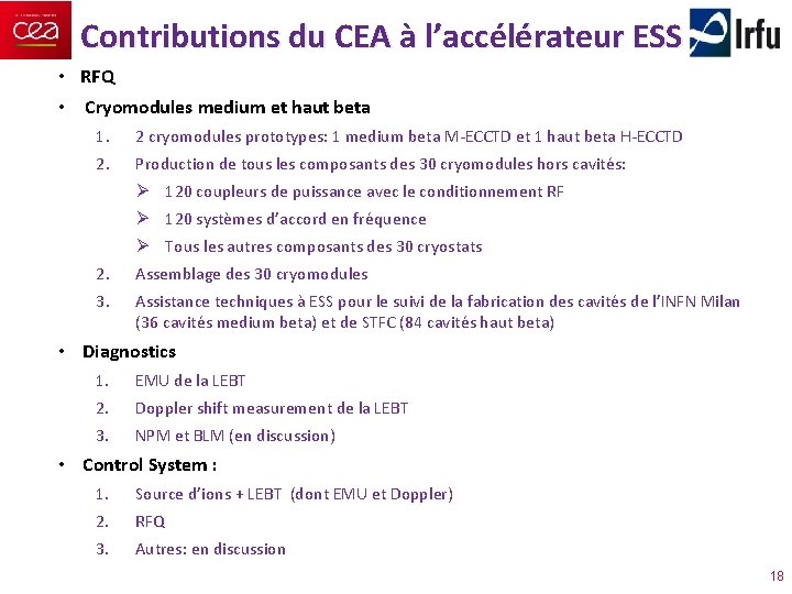 Contributions du CEA à l’accélérateur ESS • RFQ • Cryomodules medium et haut beta