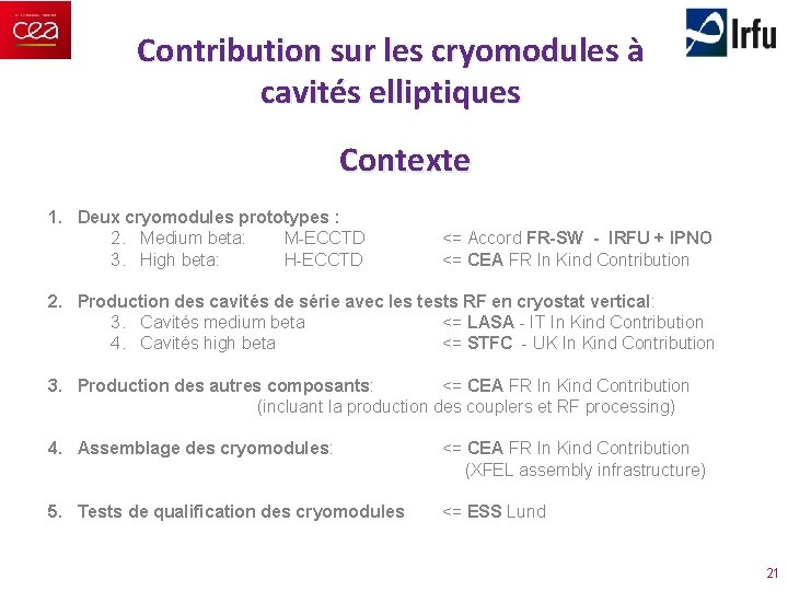 Contribution sur les cryomodules à cavités elliptiques Contexte 1. Deux cryomodules prototypes : 2.