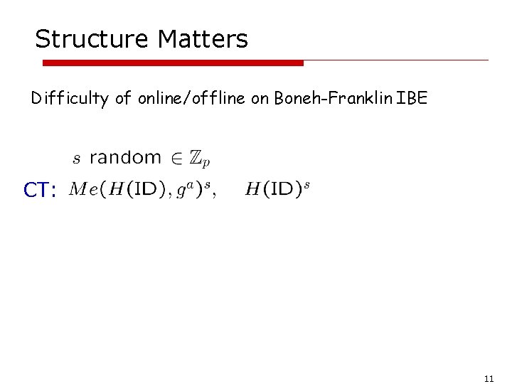 Structure Matters Difficulty of online/offline on Boneh-Franklin IBE CT: 11 