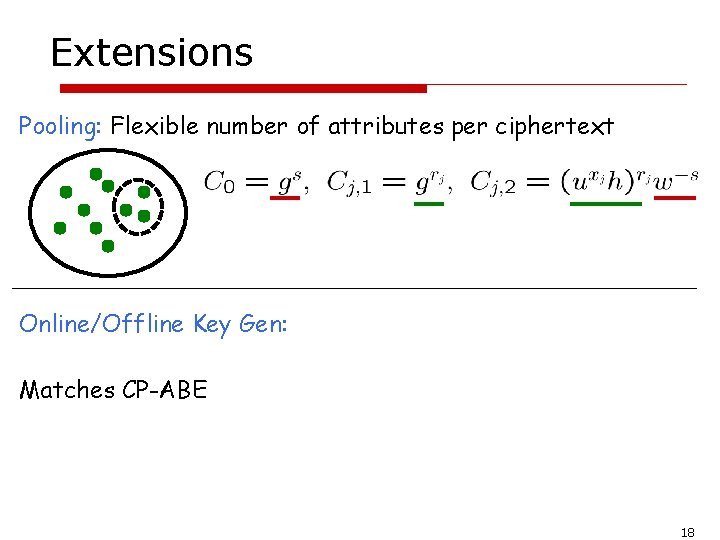 Extensions Pooling: Flexible number of attributes per ciphertext Online/Offline Key Gen: Matches CP-ABE 18