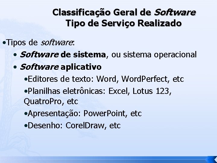 Classificação Geral de Software Tipo de Serviço Realizado • Tipos de software: • Software
