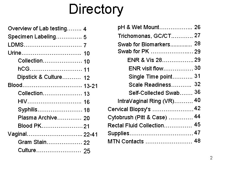 Directory 26 p. H & Wet Mount……………. . . Overview of Lab testing……. .