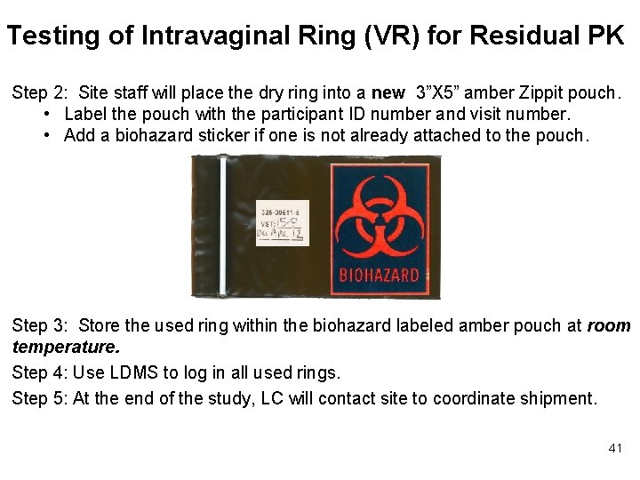 Testing of Intravaginal Ring (VR) for Residual PK Step 2: Site staff will place