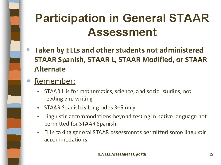 Participation in General STAAR Assessment • Taken by ELLs and other students not administered