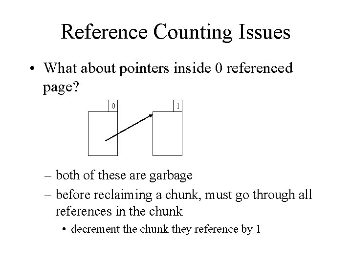 Reference Counting Issues • What about pointers inside 0 referenced page? 0 1 –