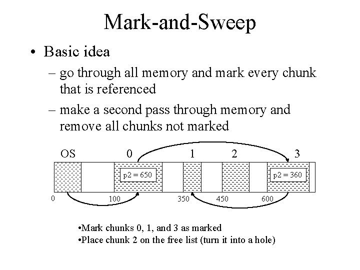 Mark-and-Sweep • Basic idea – go through all memory and mark every chunk that