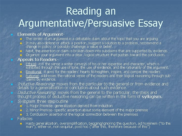 Reading an Argumentative/Persuasive Essay n Elements of Argumentn n n Appeals to Readersn n