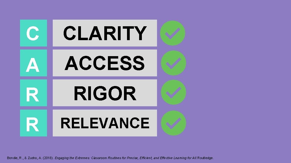 C CLARITY A ACCESS R RIGOR R RELEVANCE Bondie, R. , & Zusho, A.