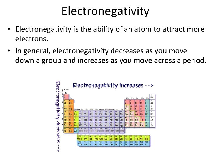 Electronegativity • Electronegativity is the ability of an atom to attract more electrons. •