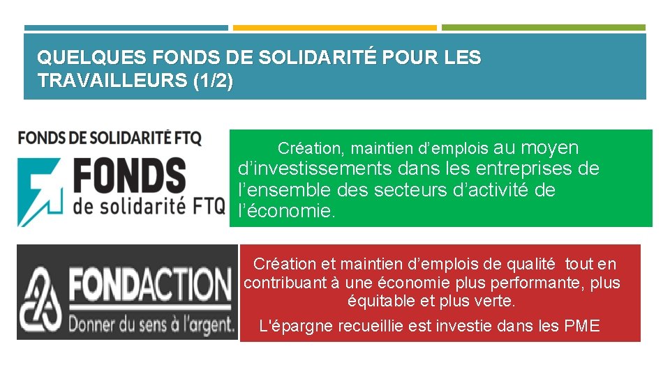 QUELQUES FONDS DE SOLIDARITÉ POUR LES TRAVAILLEURS (1/2) Création, maintien d’emplois au moyen d’investissements