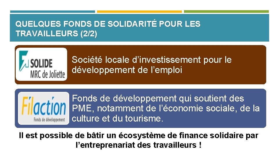 QUELQUES FONDS DE SOLIDARITÉ POUR LES TRAVAILLEURS (2/2) Société locale d’investissement pour le développement