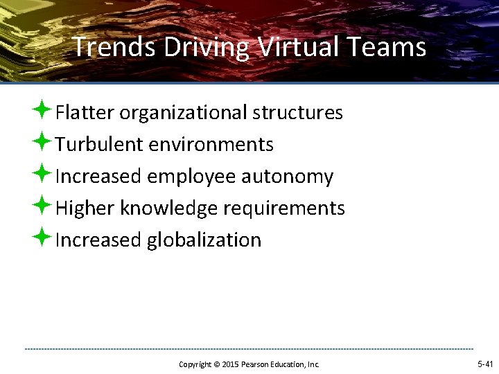Trends Driving Virtual Teams ªFlatter organizational structures ªTurbulent environments ªIncreased employee autonomy ªHigher knowledge