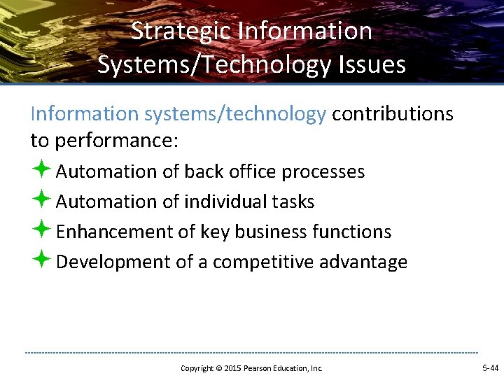 Strategic Information Systems/Technology Issues Information systems/technology contributions to performance: ª Automation of back office