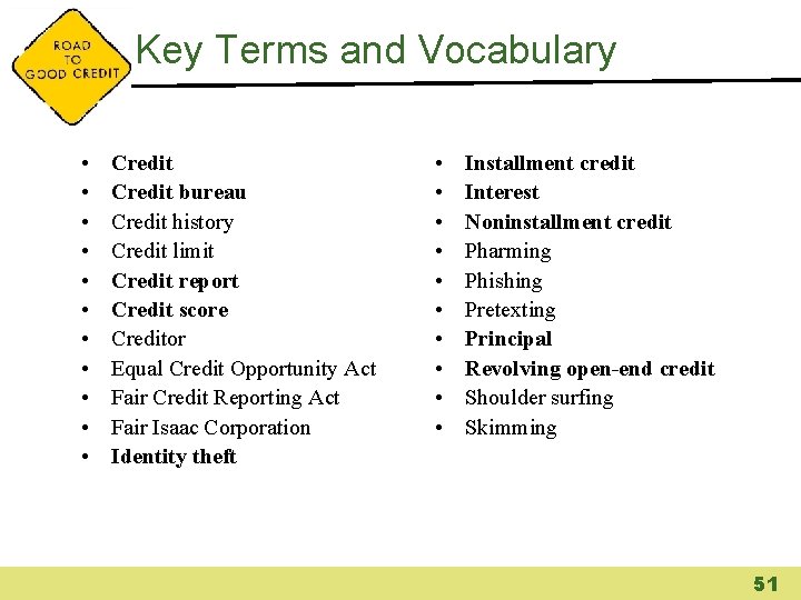 Key Terms and Vocabulary • • • Credit bureau Credit history Credit limit Credit