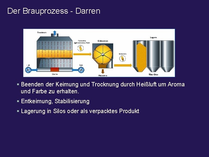 Der Brauprozess - Darren § Beenden der Keimung und Trocknung durch Heißluft um Aroma