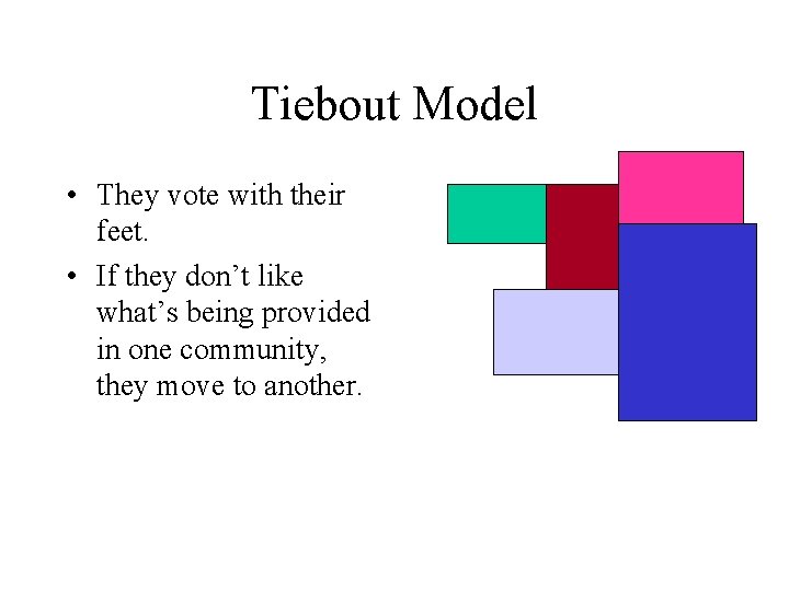 Tiebout Model • They vote with their feet. • If they don’t like what’s